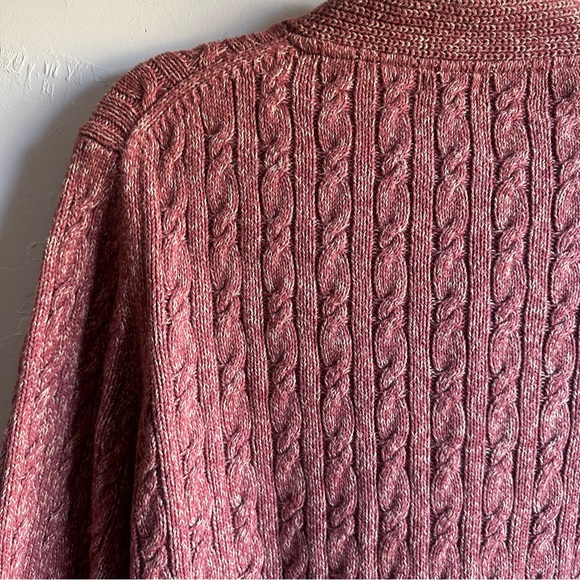 LL Bean Long Cable Knit 100% Cotton Cardigan Heathered Red Sz M Fisherman Preppy - Picture 7 of 12
